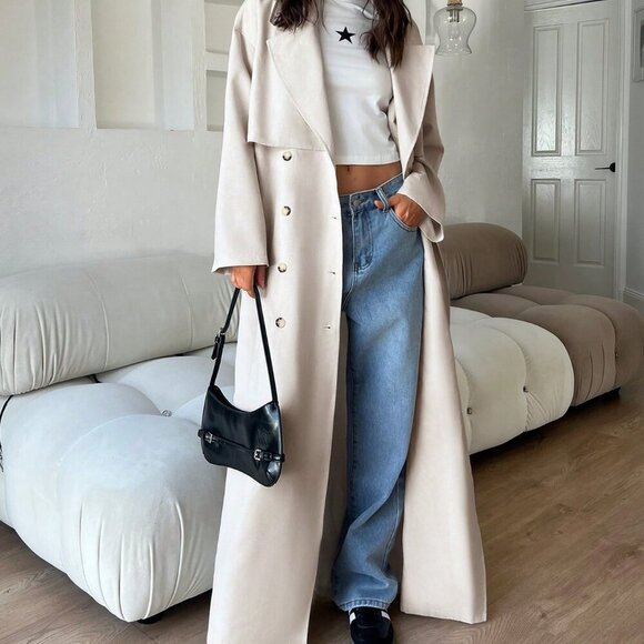 Apricot Elegant Women's Long Overcoat With Double-Breasted Buttons